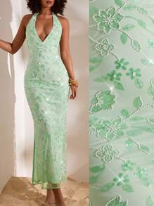 Opulessa Mint Green Summer Elegant Seductive Vacation Holiday Dress For Women,Solid Color Beaded Open Back Flower Shiny Sequin Birthday Airport Outfits - Green - View 7