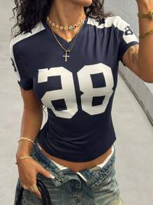 StreetHx Women's Navy Blue Number Print T-Shirt Streetwear Short Sleeve, Spring/Summer