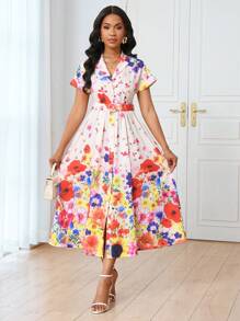 SHEIN LUNE 女式花卉印花翻领短袖系带A字连衣裙，春夏 - 彩色 - 查看 6
