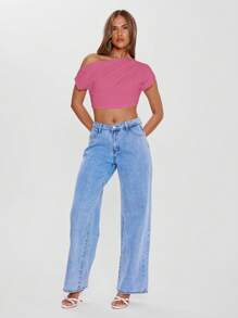 MUSERA Asymmetrical Neck Cropped Draped Ruched Fitted Top Only Sexy Ibiza Fits Spring Summer Vacation Beach 90's Y2k Holiday Summer Cute Summer Tops Sexy Club Festival Asymmetrical Shoulder Tops Fall - Hot Pink - View 3