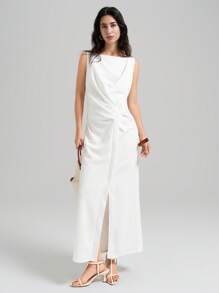 Ontre 女士教师装，7 月 4 日，度假风格，优雅款式，弹性，白色，针织面料，无袖，船领，扭纹前部细节，直下摆连衣裙，女式连衣裙，夏季服装，日常穿着