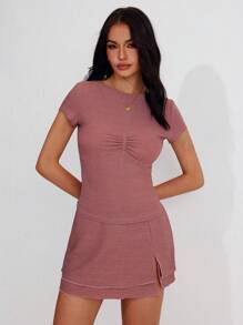 Roylia Women Summer Elegant Round Neck Short Sleeve Drawstring Waist Fitted Crop Top & High-Low Layered Skirt 2pcs Set