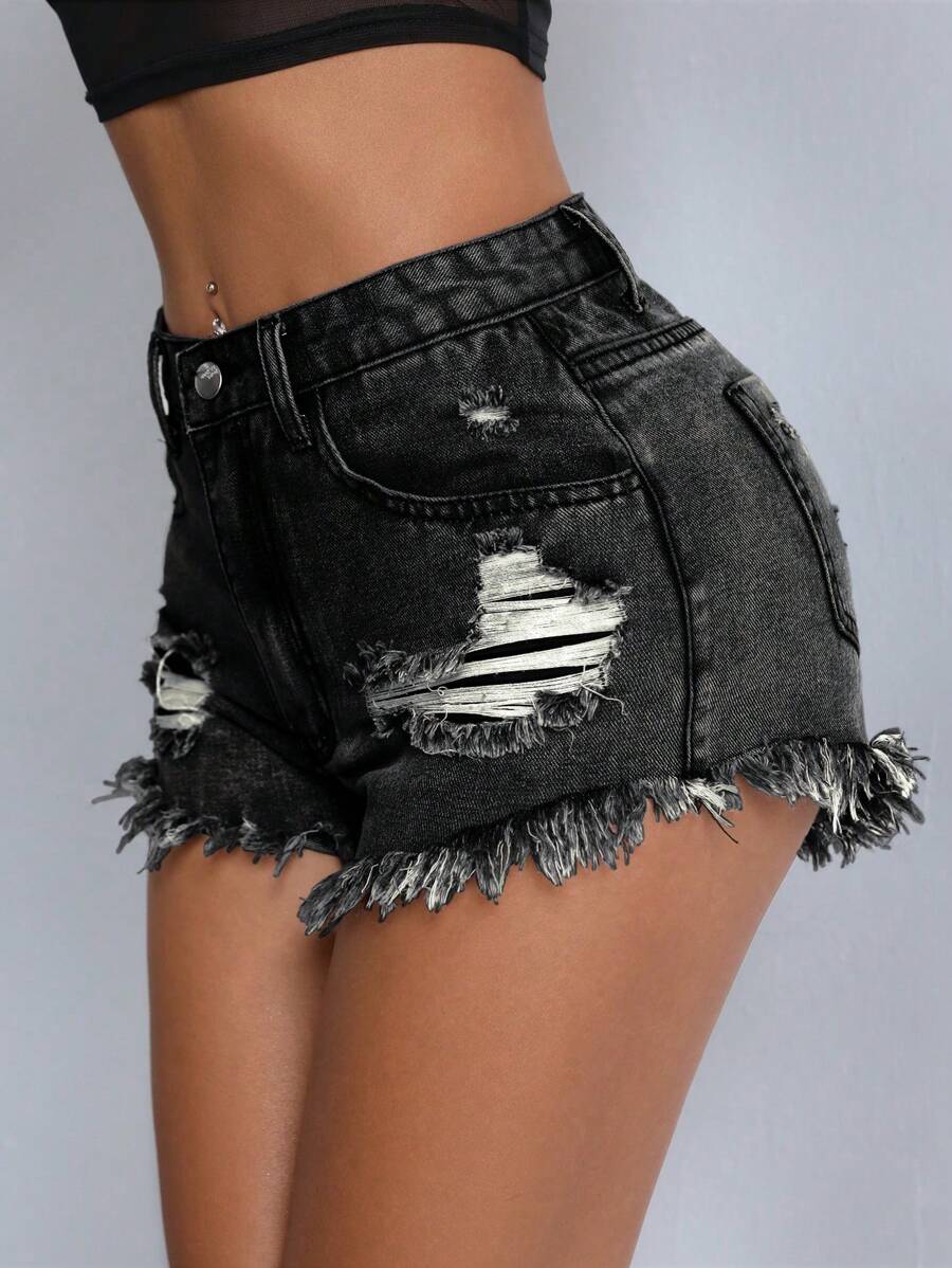 SHEIN PETITE 女式口袋做旧磨边休闲百搭牛仔短裤 - 灰色 - 查看 1