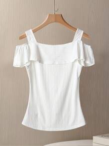GlowEve Women's Solid Color Pleated Ribbed Crew Neck T-Shirt, Elegant For Summer - White - View 2