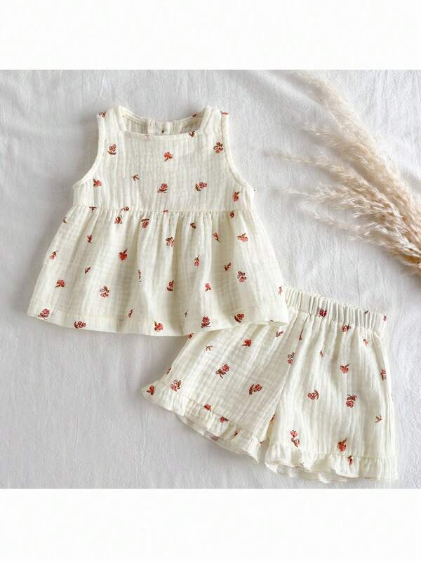 Loomiva 2pcs Newborn Baby Girl Floral Print Crew Neck Sleeveless Top And Elastic Waist Shorts Set