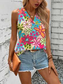 Women Plus Size Vibrant Floral V-Neck Sleeveless Shirt, Comfortable For Casual Summer And Spring Wear - Pink - View 1