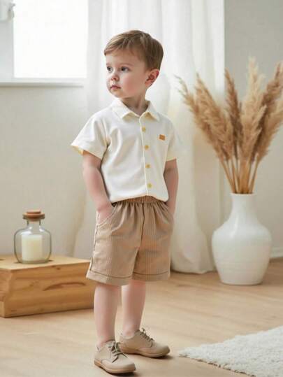 Souflis Souflis 4-7岁男童夏季两件套短袖条纹衬衫短裤小男孩西装套装青少年男童衬衫小男孩套装小男孩两件套小男孩裤子