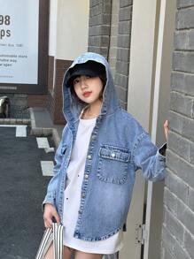 SHEIN Genkimix Kids Denimly Tween Girls Preppy Casual Daily Urban Street Loose Denim Hoodie, Comfortable All-Match Casual Versatile Fall Winter