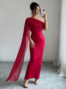 Rafferiza Váy suông bồng bềnh một bên vai thanh lịch dành cho nữ có viền xếp nếp và xẻ tà, màu đỏ, mùa xuân/hè - Đỏ - Xem 5