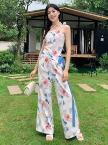 SHEIN LUNE 2件套度假休闲花卉印花吊带背心和阔腿裤 - 彩色 - 查看 3