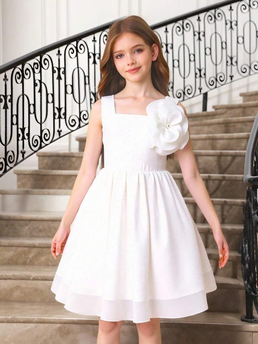 Tween Girl's Elegant Flower 3D Decor Sweet A-Line Dress - White - View 1