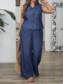 EMERY ROSE 2 Stücke Damen Große Größen Set aus Ärmellosen Top mit Schleife und Jeans Hose