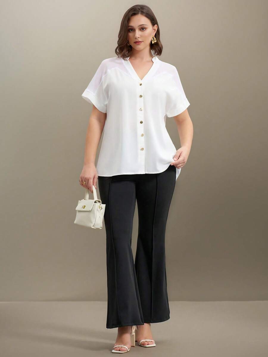 SHEIN Clasi Plus Size Women's Woven Fabric Scoop Neck Short Sleeve Loose Casual Everyday Fashionable Mature Elegant Versatile Blouse, Spring/Summer  Commuting - White - View 1
