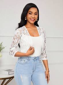 SHEIN Lady Women's Cropped Lace Jacket In Fall/Winter - White - View 5
