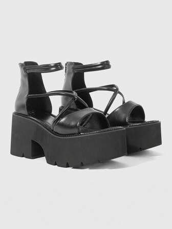 Goth Women's Black Punk & Gothic Style Platform Sandals, Vintage Roman Cross Strap Peep Toe Thick Heel High Heels