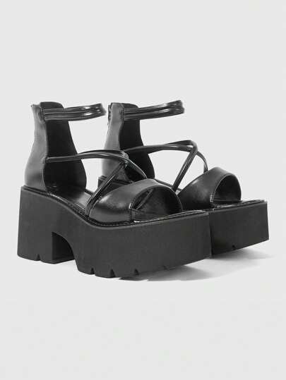 Women's Black Punk & Gothic Style Platform Sandals, Vintage Roman Cross Strap Peep Toe Thick Heel High Heels, Halloween