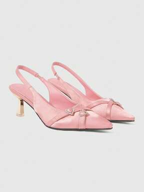 Kawaii Women's Cute Kitty Printed High Heel Sandals, Pink, Spring/Summer Women's Pointed Toe Sexy Heart Rhinestone Decor Slip-On High Heel Shoes, Party & Gold Mini Block Heel