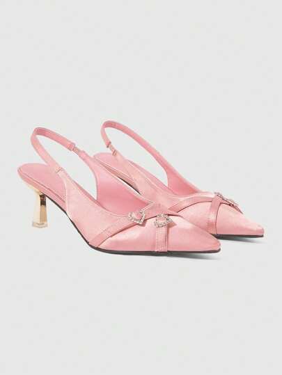 Kawaii Women's Cute Kitty Printed High Heel Sandals, Pink, Spring/Summer Women's Pointed Toe Sexy Heart Rhinestone Decor Slip-On High Heel Shoes, Party & Gold Mini Block Heel