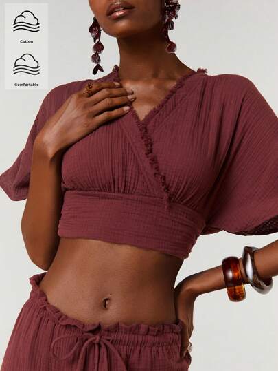 Athîral 女士纯色V领交叉裹身休闲短袖衬衫