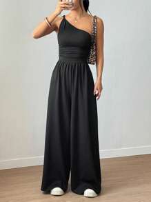 SHEIN Unity 女式休闲户外无袖扭褶宽松直筒黑色连体裤，春夏 - 黑色 - 查看 5