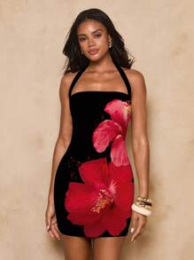 SHEIN BAE Women's Floral Print Mini Dress, Suitable For Vacation/Summer Floral Print Dress/Beach Vacation Dress,Bodycon Dress Chic Dress - White - View 5