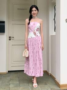 Breezaya 女士花卉印花褶饰 A 字型优雅连衣裙，适合日常通勤、度假 - 彩色 - 查看 5