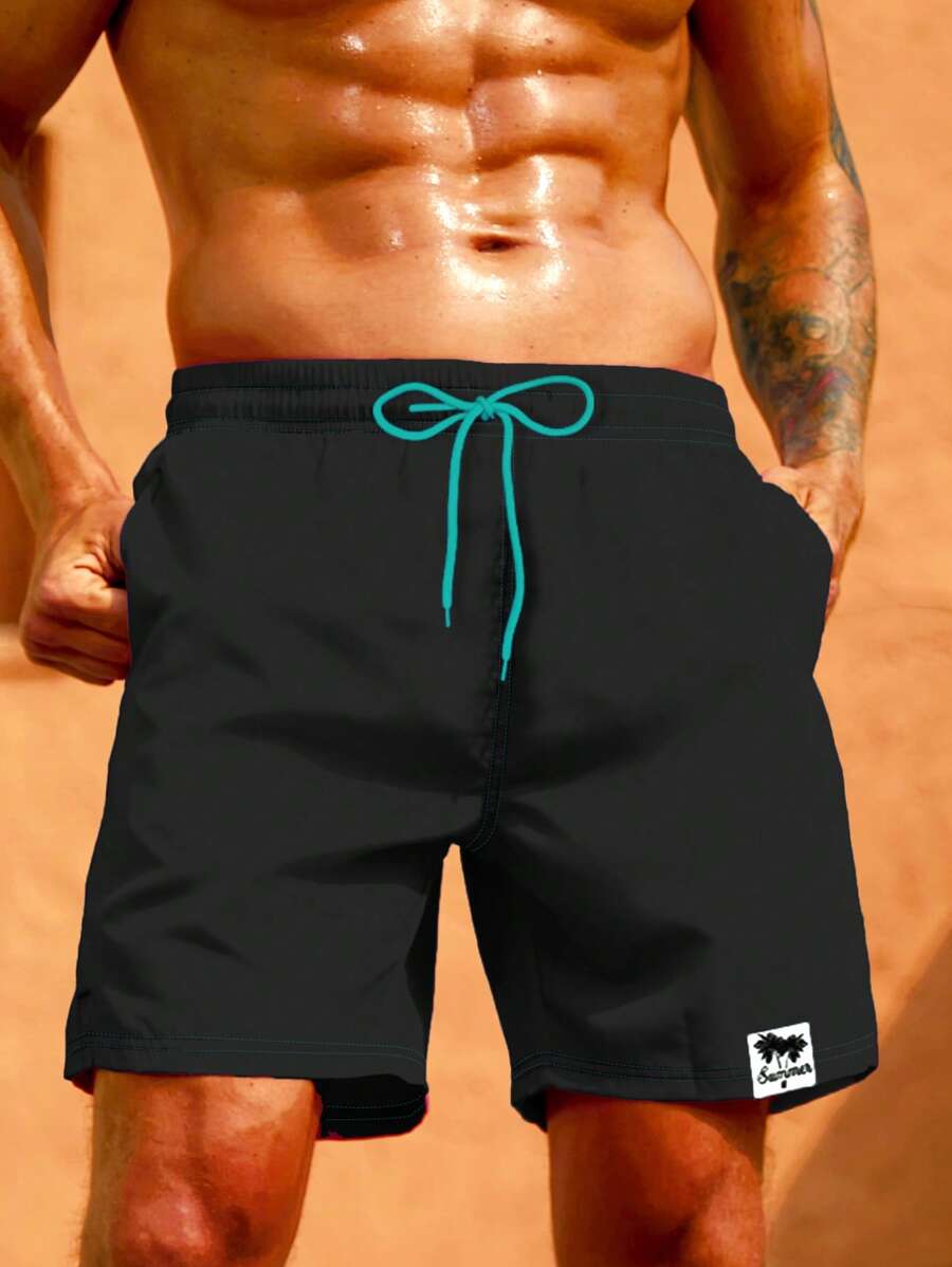 Manfinity Swimmode Men's Plain Solid Color Swim Trunks, Fashionable For Summer - Black - View 1