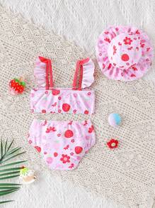 3pcs/Set Newborn Baby & Toddler Cute Strawberry Print Beach Outfit With Floral Trim Hat