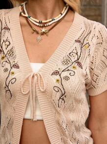 LanaWest 女士休闲短袖刺绣前结薄款开衫 - 粉色 - 查看 1