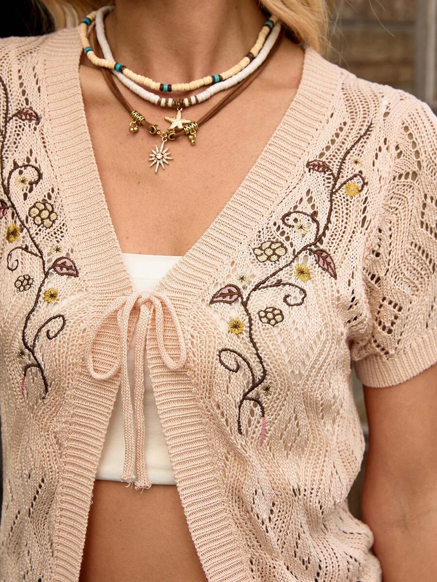 LanaWest 女士休闲短袖刺绣前结薄款开衫 - 粉色 - 查看 1