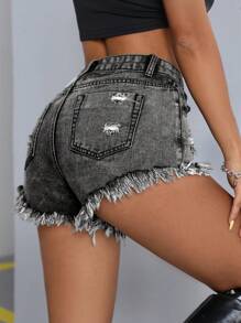 SHEIN PETITE 女式口袋做旧磨边休闲百搭牛仔短裤