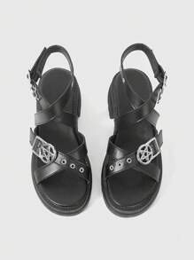 ROMWE Grunge Punk Women's Black Roman Beach Sandals, Dark Chain Punk Rock Party Sandals, Summer Open-Toe Rivet Gothic Wedge Platform Sandals, Holiday Shoes - Black - View 2