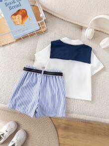 SHEIN 4 件套男婴可爱百搭休闲白衬衫、条纹短裤、海军蓝披肩（配腰带），适合生日派对、晚会、表演、婚礼、满月庆祝、洗礼和 1 岁生日活动、迎婴派对 - 彩色 - 查看 2