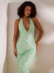 Opulessa Mint Green Summer Elegant Seductive Vacation Holiday Dress For Women,Solid Color Beaded Open Back Flower Shiny Sequin Birthday Airport Outfits - Green - View 4