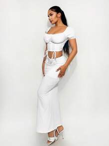 SHEIN Unity Summer Elegant Solid Color Drawstring Cropped Shirt - White - View 5