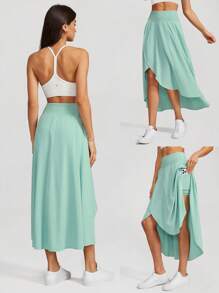 GLOWMODE VitalSwift Mesh Tummy Control Maxi Skirt With Built-In Shorts Asymmetrical Pocket Anti-Slip Dance Daily Casual Quick Dry Moisture Wicking