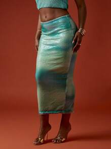 MISSGUIDED 亮片中长铅笔裙 水彩图案 绿松石色 晚宴派对 夜店装 节日 春夏场合 - 綠色 - 查看 6