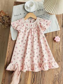 SHEIN Baby Girl Cute Simple Ditsy Floral Pattern Lace Trim Contrast Color Round Neck Short Sleeve Ruffle Hem Home Dress/Nightgown - Baby Pink - View 7