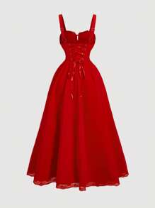 SHEIN MOD 女士白色浪漫纯色休闲节日细肩带连衣裙 - 紅色 - 查看 2