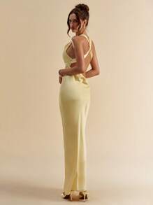 SHEIN BAE 女士夏季纯黄色垂坠领露背缎面连衣裙女士派对礼服奶油黄色连衣裙，女士夏季服装/ /女士婚礼宾客礼服/女士蜜月服装女士派对礼服，女士俱乐部服装性感 - 黃色 - 查看 4