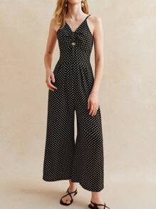 Écloséra Stylish V-Neck Bowknot Polka Dot Spaghetti Strap Backless Wide-Leg Jumpsuit, High Waisted, Elegant Design - Black - View 4