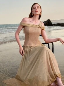 ZEYLAH Elegant Asymmetric Neck 2 In 1 Pleated Patchwork Dress - Apricot - View 8