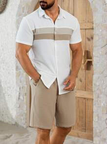 Manfinity Homme 男士休闲纽扣短袖衬衫和抽绳短裤套装男士衬衫夏季精美衬衫男士夏季衬衫