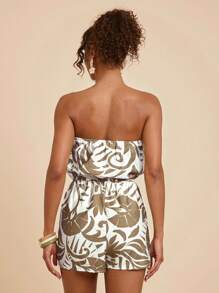 Travachic 女士热带植物印花抹胸连体裤，女士夏季服装，女士度假服装，沙滩装，复活节，女士沙滩装，夏季连衣裙，女士夏季服装，女士夏季套装，女士服装，女士短裙 - 卡其色 - 查看 2