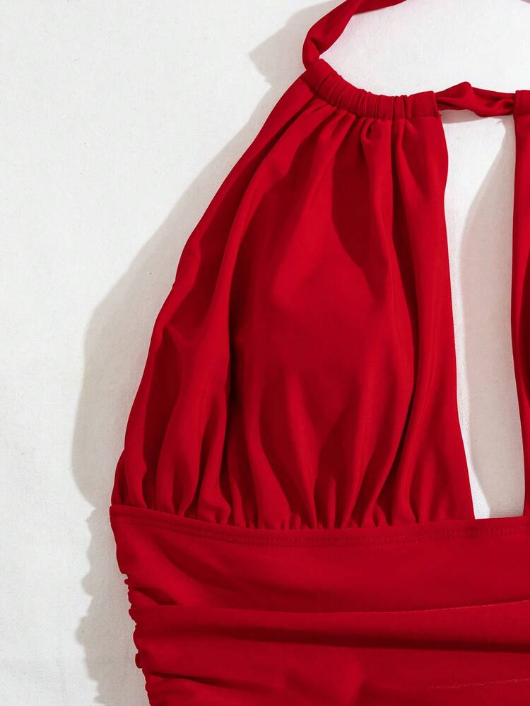 Summer Beach Ruched Halter One Piece Swimsuit