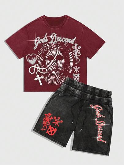 Goth Conjunto de camiseta de manga corta con estampado de letras y gráficos talla grande pantalones cortos con doble cintura para hombres