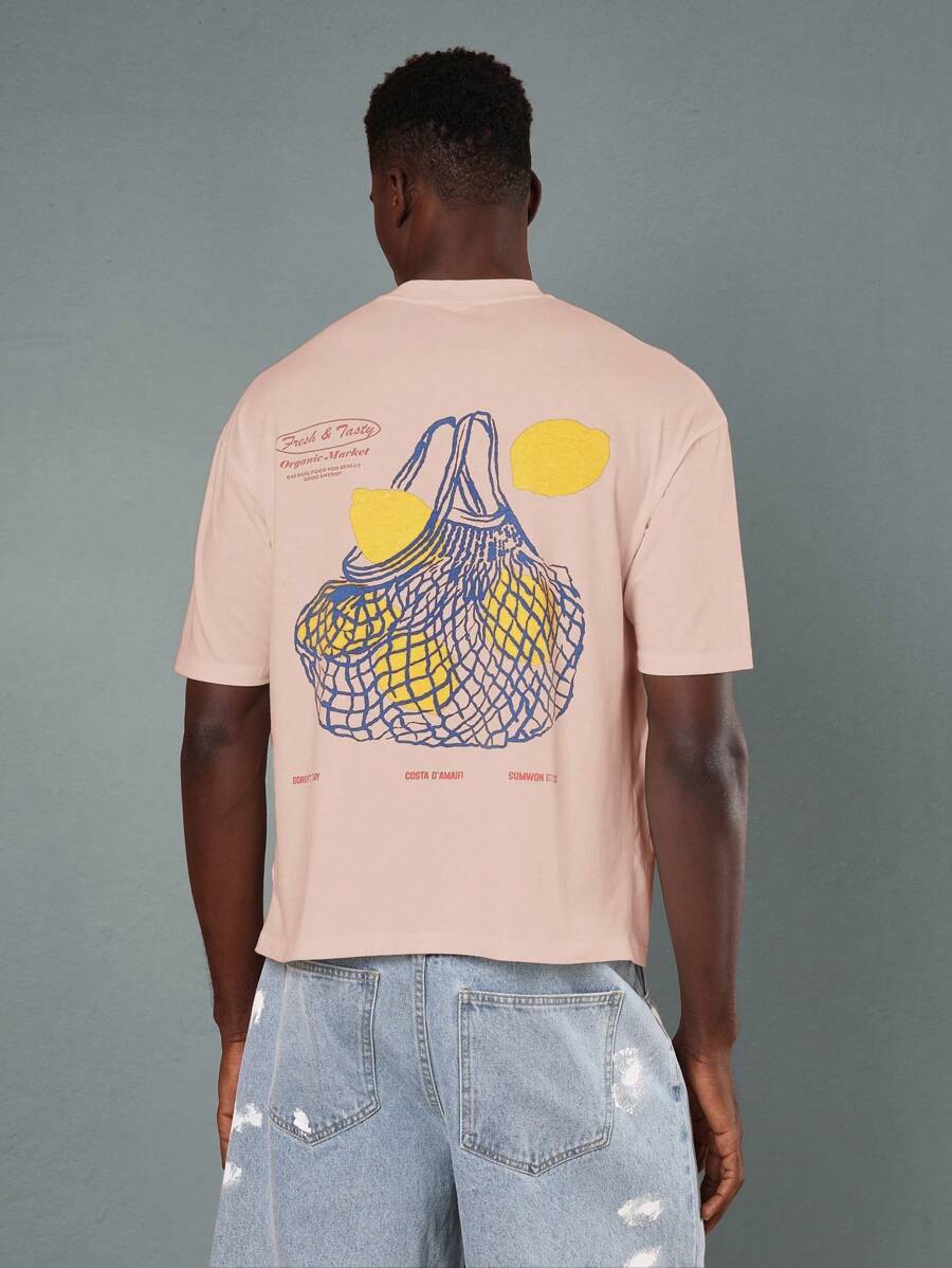 SUMWON Organic Market Fresh Grocery Mesh Shopping Net Street Style Cotton T-Shirt With Artistic Lemon Print Casual Daily Summer Wear