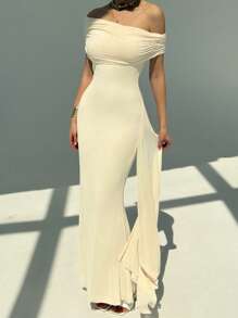 Aloruh New Ruffled Off Shoulder Mesh Bodycon Dress, Elegant Romantic Ruffle Dress For Party And Events - Apricot - View 1