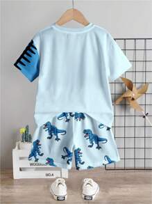 SHEIN 2 件套小男孩恐龙图案家居服，宽松休闲家居服 - 彩色 - 查看 2