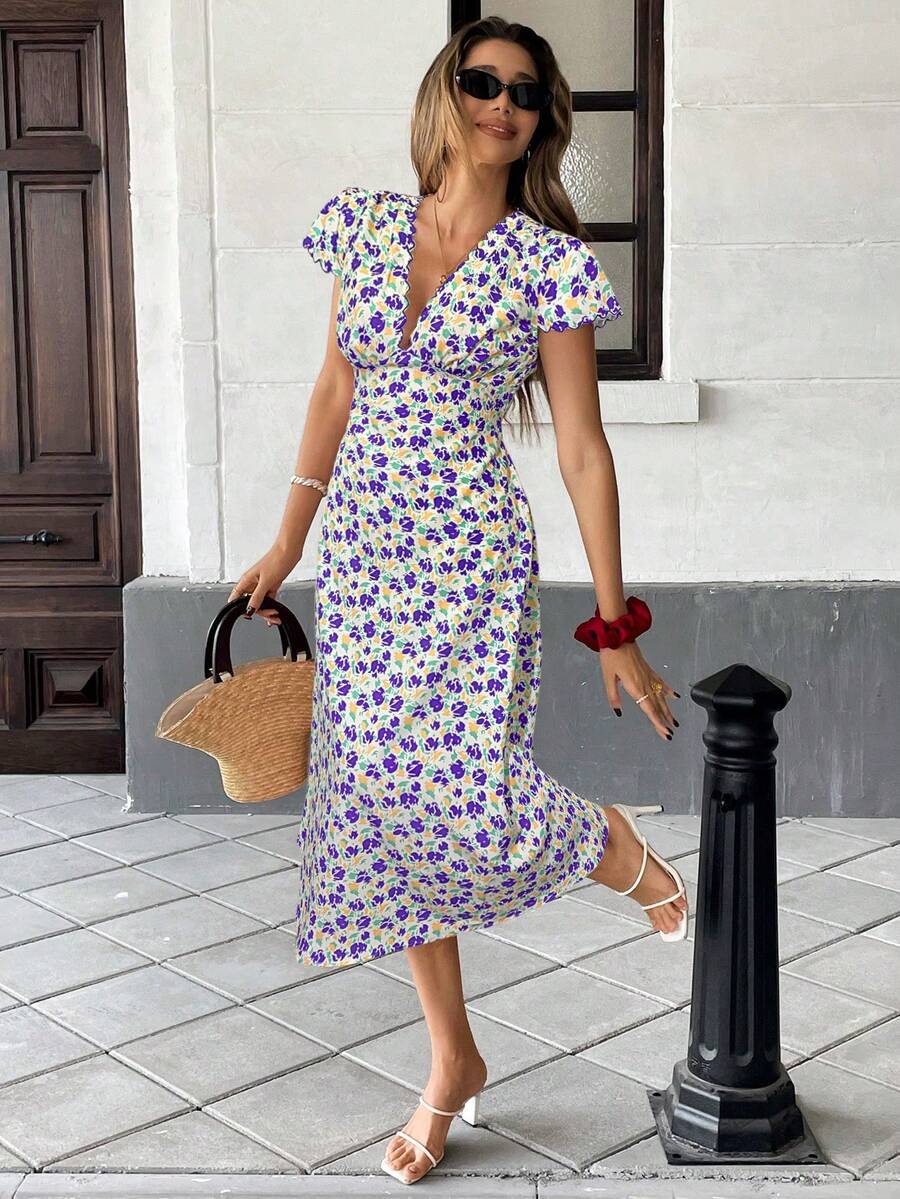 SHEIN Frenchy Women's Vacation Floral Print Deep V Neck Batwing Sleeve Midi Dress Summer Purple Beach - Purple - View 1